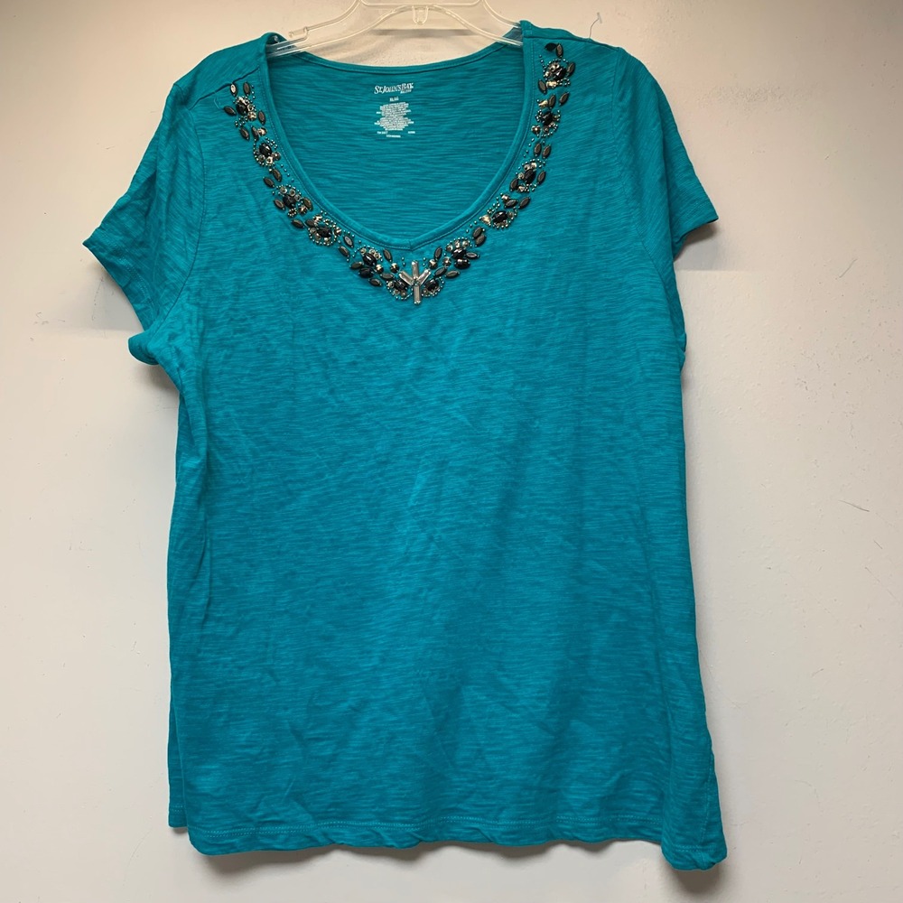 St. John's Bay Top Womens XL Teal Excellent Beaded Sequin V-Neck Slub Cotton